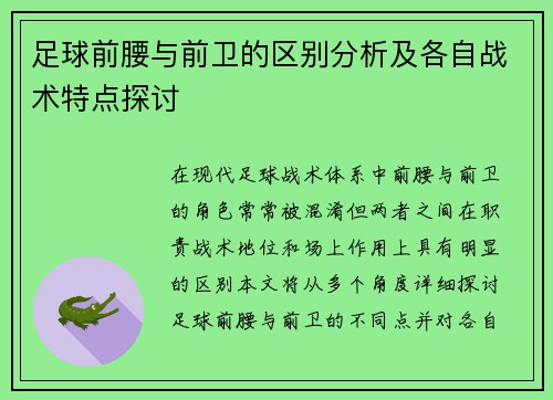 足球前腰与前卫的区别分析及各自战术特点探讨